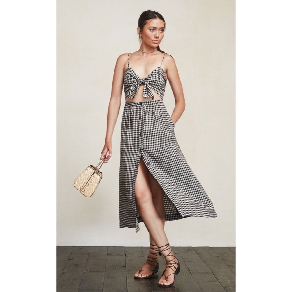 Reformation Black and White Gingham Tie-Front Midi Dress